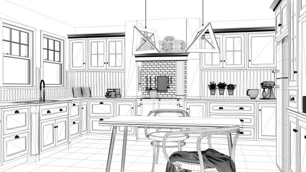 istock Interior design project, black and white ink sketch, architecture blueprint showing classic kitchen with dining table and chairs, windows and morning light, contemporary architecture 1079732628