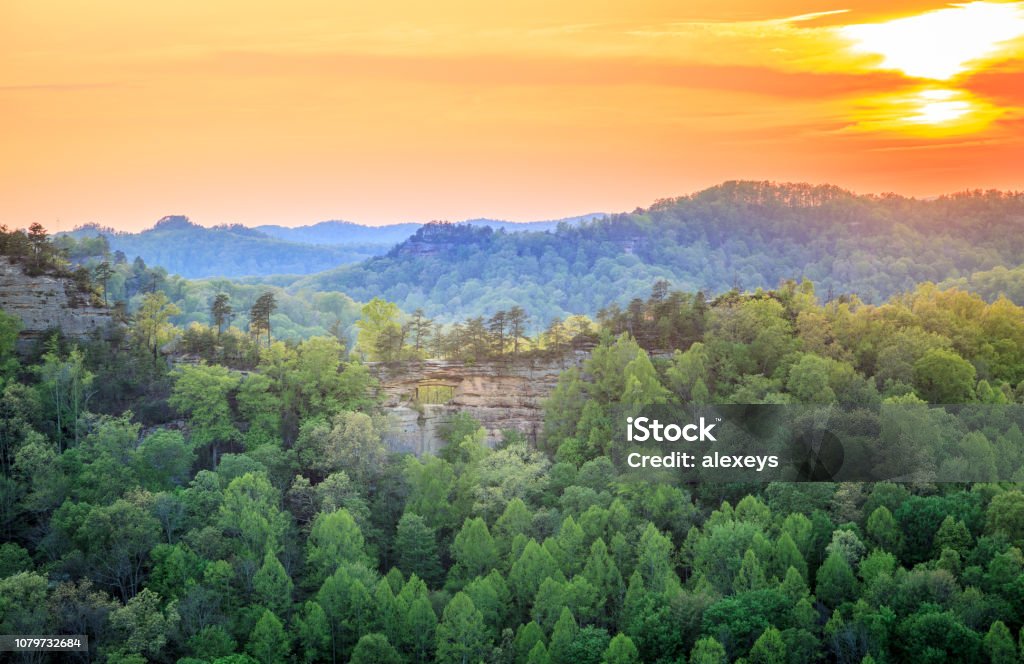 Red River Gorge Double Arch rock formation at Red River Gorge in Kentucky at sunset Kentucky Stock Photo