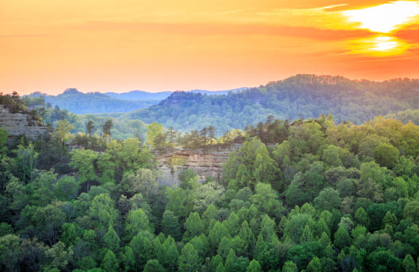 Red River Gorge Double Arch rock formation at Red River Gorge in Kentucky at sunset national forest stock pictures, royalty-free photos & images