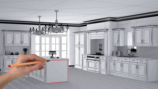 Interior design project concept, hand drawing custom architecture, black and white ink sketch, blueprint showing classic vintage luxury kitchen, island with chandeliers pendant lamps