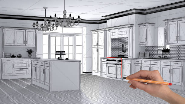 istock Interior design project concept, hand drawing custom architecture, black and white ink sketch, blueprint showing classic vintage luxury kitchen, island with chandeliers pendant lamps 1079733864