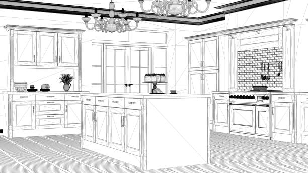istock Interior design project, black and white ink sketch, architecture blueprint showing classic vintage luxury kitchen, island with big chandeliers and window, contemporary architecture 1079733886