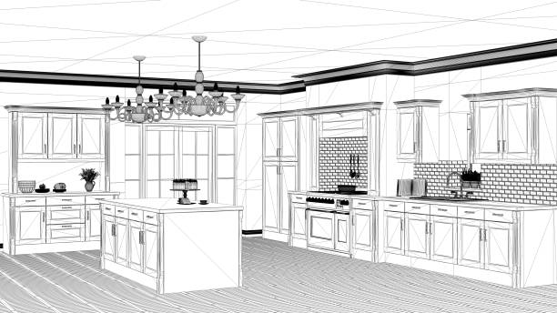 istock Interior design project, black and white ink sketch, architecture blueprint showing classic vintage luxury kitchen, island with big chandeliers and window, contemporary architecture 1079733916