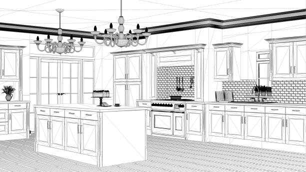 istock Interior design project, black and white ink sketch, architecture blueprint showing classic vintage luxury kitchen, island with big chandeliers and window, contemporary architecture 1079733944