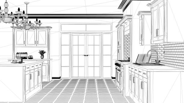 istock Interior design project, black and white ink sketch, architecture blueprint showing classic vintage luxury kitchen, island with big chandeliers and window, contemporary architecture 1079733960