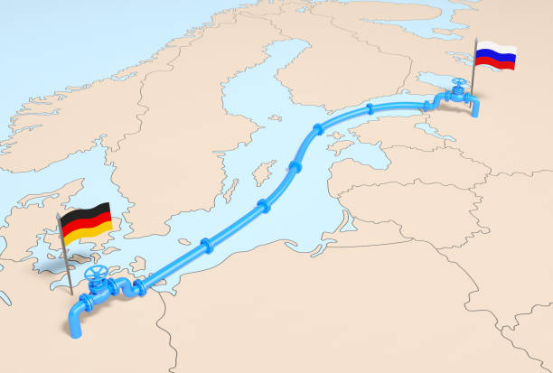 ノルド ストリーム 2。ドイツとロシアの国旗とヨーロッパ地図上ガス弁を持つ天然ガス配管 - valve natural gas gas pipe gas ストックフォトと画像