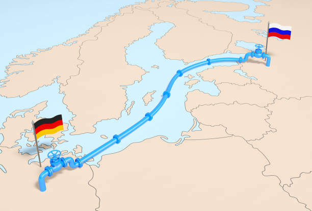северный поток 2. линия газопровода с газовыми клапанами на карте европы с флагами германии и россии - nord stream стоковые фото и изображения