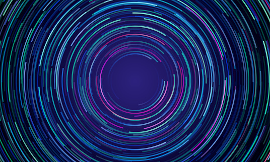 Circular geometric vortex blue and purple neon light motion vector background