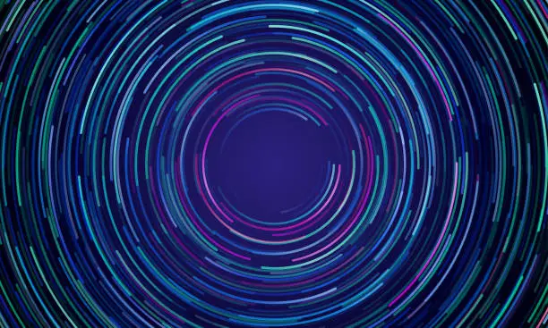Vector illustration of Circular geometric vortex blue and purple neon light motion vector background