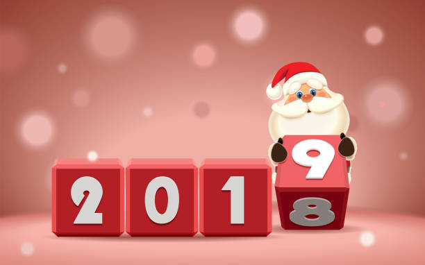 istock Santa Claus changing date from 2018 to 2019 rotating cubes with numbers isolated on a red sparkle background 1079744946