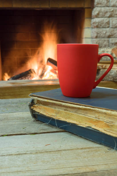 istock Cozy scene before fireplace with red mug with tea, and a book. 1079756432