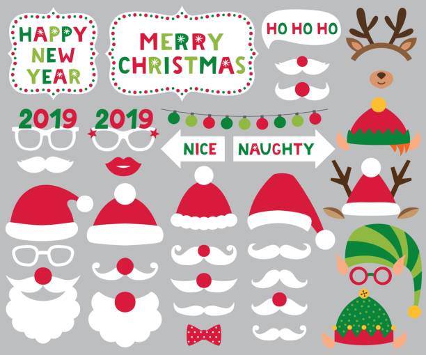 kapelusze świętego mikołaja i elfa, poroża jelenia, świąteczny zestaw imprez wektorowych - santa claus christmas glasses mustache stock illustrations