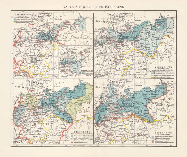 карта территориального развития пруссии, литография, 1897 - prussia stock illustrations