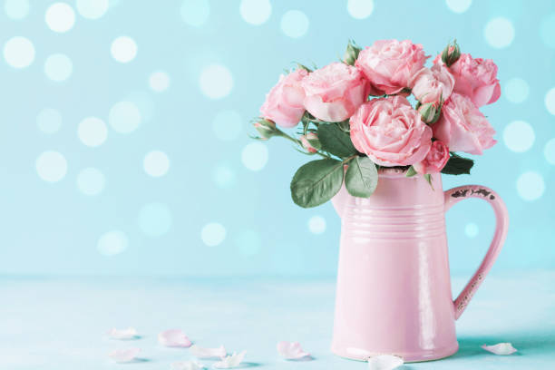 hermosas rosas en florero de rosa para el día de la mujer o la tarjeta de felicitación del día de las madres. - ornamental garden europe flower bed old fashioned fotografías e imágenes de stock