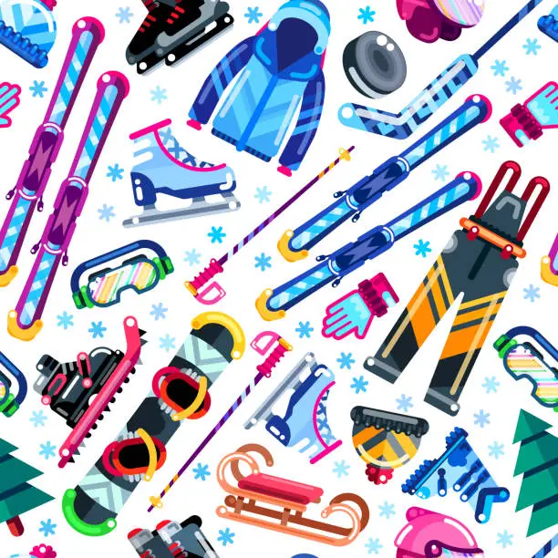 Vector illustration of Winter seamless pattern. Colorful sports equipment, clothes and a
