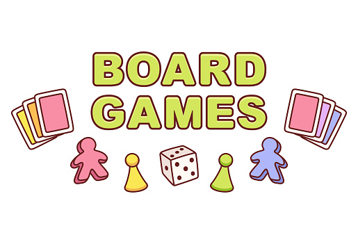 Board games text banner. Playing cards, dice and game pieces. Colorful cartoon style vector illustration.