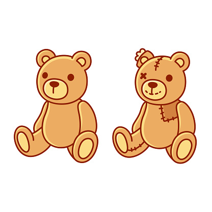 Toy teddy bear, new and old with patches and stitches. Cute cartoon vector illustration.