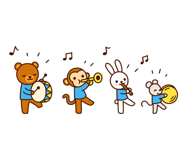 ilustraciones, imágenes clip art, dibujos animados e iconos de stock de animales de dibujos animados lindo tocando música - parade marching band trumpet musical instrument