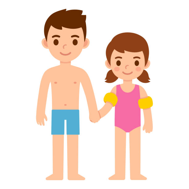 Cute cartoon children in swimsuits Cute cartoon children in swimsuits, boy holding hand of little sister with floaties. Family on summer vacation vector illustration. bathing suit stock illustrations