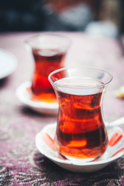 istock Turkish or Azerbaijani tea in pear shape armudu glasses 1079768638