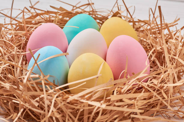 istock Easter background. Colorful easter eggs in paper nest on a white background, close up 1079773722