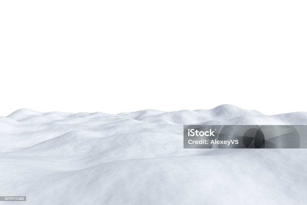 White snowy field isolated on white. White snowy field with hills and smooth snow surface isolated on white background, winter arctic minimalist 3d illustration. Snow Stock Photo