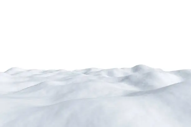 White snowy field with hills and smooth snow surface isolated on white background, winter arctic minimalist 3d illustration.