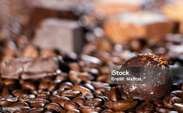 Chocolate Pieces And Coffee Beans Close Up Stock Photo - Download Image Now - Antioxidant, Aromatherapy, Bean