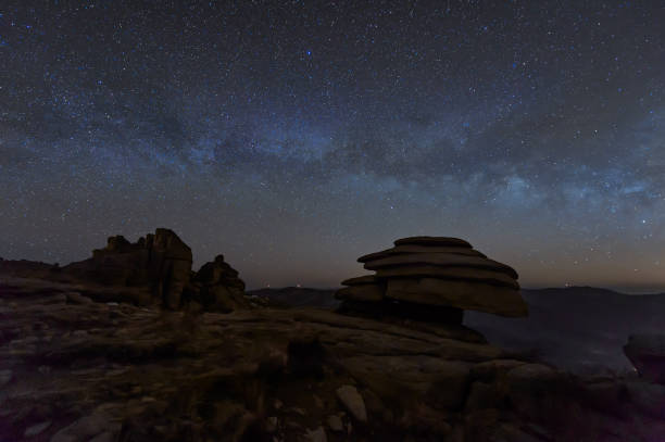 istock Night landscape with bright milky way 1079822570