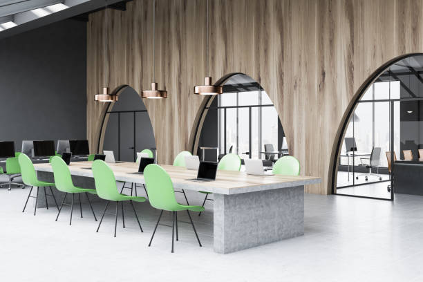 istock Gray and wooden open space office 1079827336