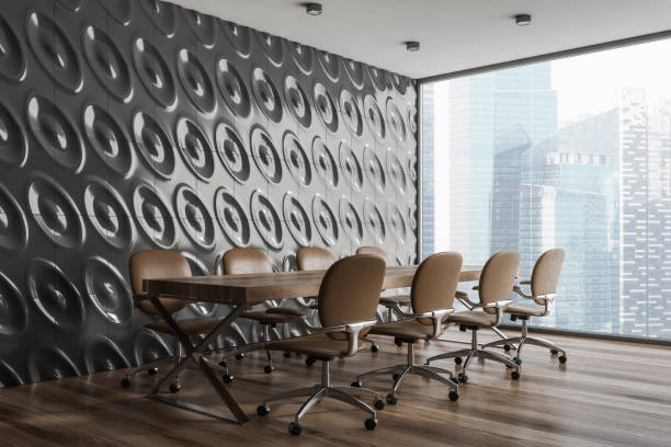 istock Gray meeting room corner, brown chairs 1079827766