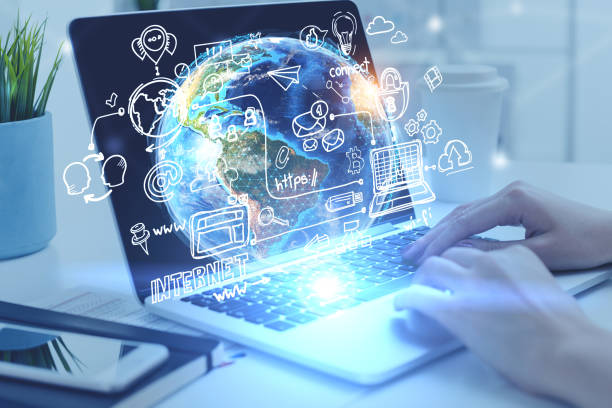 istock Woman hands on laptop, internet icons 1079831018