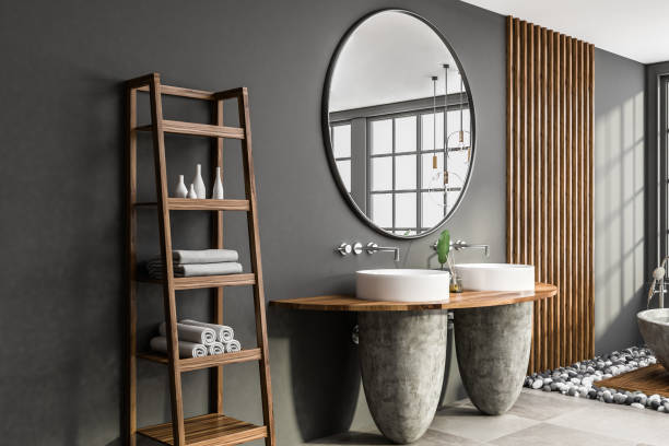istock Double sink in gray bathroom, shelves 1079831104