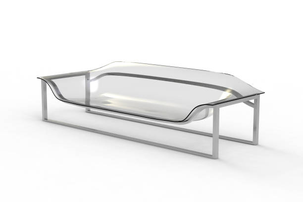 Three metal tables on a long leg. There is free space for your design. White isolated background. 3D illustration