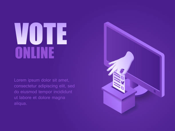 ilustrações de stock, clip art, desenhos animados e ícones de hand from screen computer putting voting paper in the ballot box isometric - interface icons election voting usa