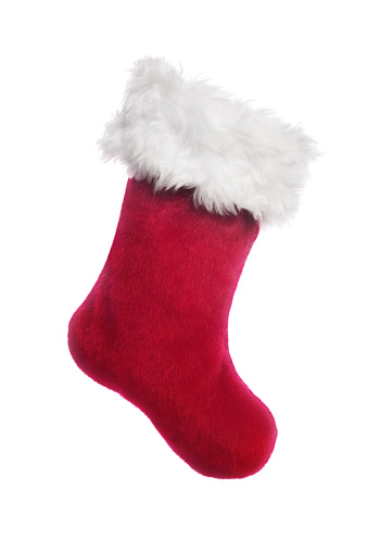 Red Santa stocking, isolated on white background. New Year concept.