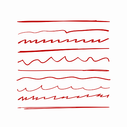 Set of curved lines drawn by hand. Different underlines. Sketch, doodle, scribble. Vector illustration.