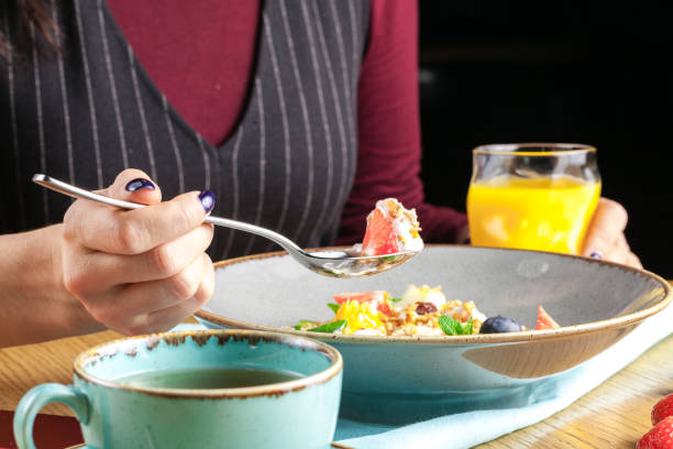 istock continental breakfast in a cafe, oatmeal with berries 1079861222