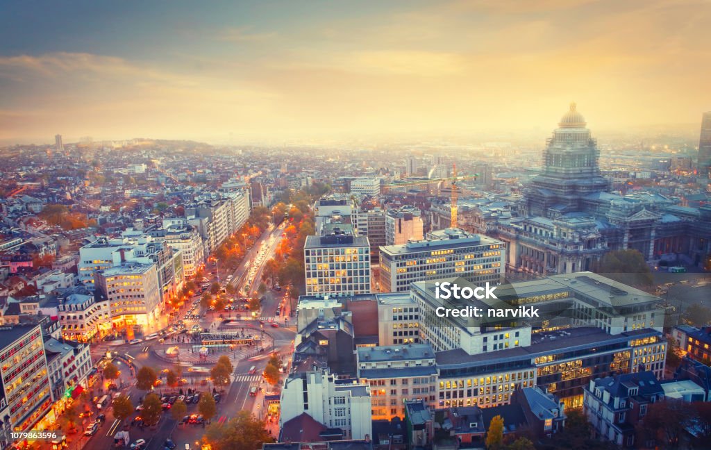 City of Brussels by twilight Aerial view of the City of Brussels with Palace of Justice by twilight Brussels-Capital Region Stock Photo