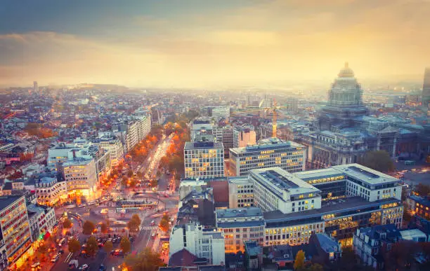 Aerial view of the City of Brussels with Palace of Justice by twilight