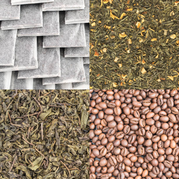 istock Dry Green Tea Leaves and Coffee Beans Backgrounds 1079876254