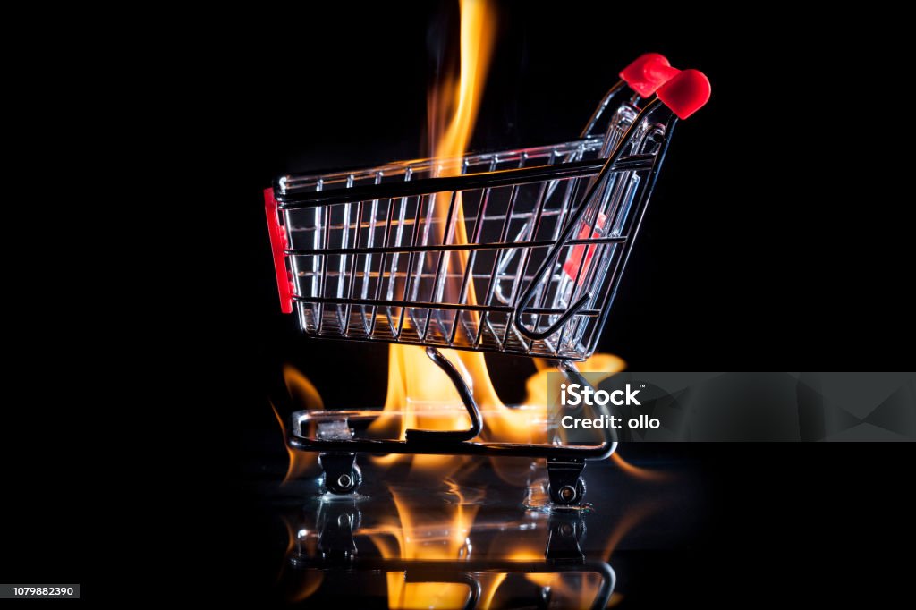 Burning Shopping Cart Stock Photo - Download Image Now - Black