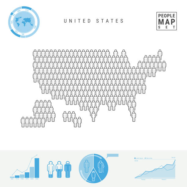United States People Icon Map. Stylized Vector Silhouette of USA. Population Growth and Aging Infographic Elements United States People Icon Map. People Crowd in the Shape of a USA Map. Stylized Silhouette of United States. Population Growth and Aging Infographic Elements. Vector Illustration Isolated on White. presentation speech borders stock illustrations