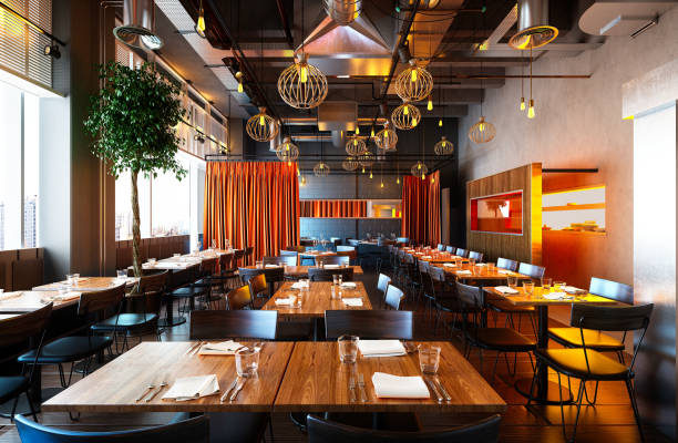 3d render of luxury restaurant interior - restaurant imagens e fotografias de stock