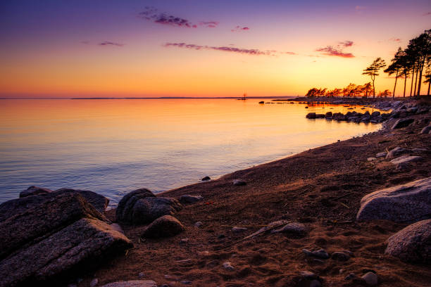 istock Beach at sunset with rocks and trees in the background 1079904628