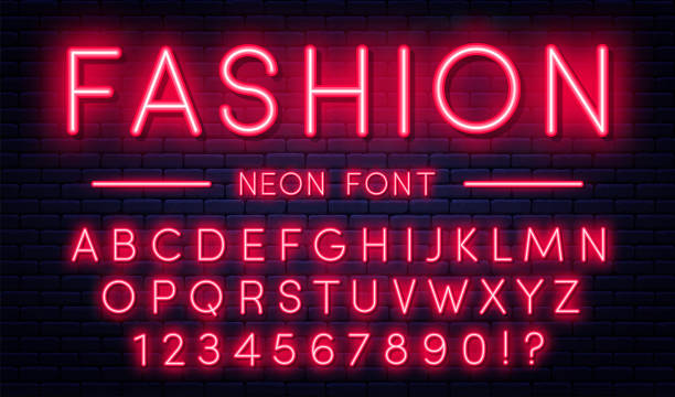 neon-alphabet mit zahlen. roter neon schrift, leuchtstofflampen auf ziegel wand hintergrund - led diode light bulb bright stock-grafiken, -clipart, -cartoons und -symbole