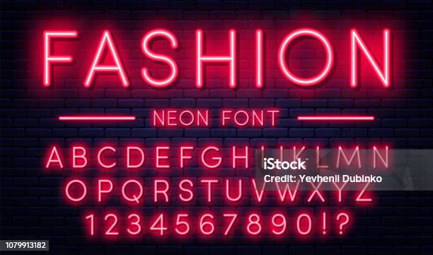 Neon Alphabet With Numbers Red Neon Style Font Fluorescent Lamps On Brick Wall Background Stock Illustration - Download Image Now