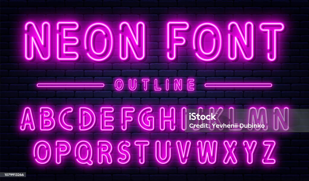 Neon alphabet with numbers. Purple neon font, fluorescent lamps on brick wall background, outline style font Neon alphabet with numbers. Purple neon font, fluorescent lamps on brick wall background, outline style font. Vector Neon Lighting stock vector
