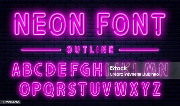 Neon Alphabet With Numbers Purple Neon Font Fluorescent Lamps On Brick Wall Background Outline Style Font Stock Illustration - Download Image Now