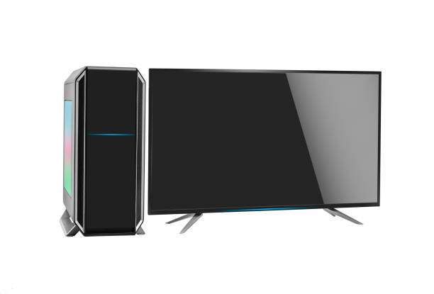 istock Modern stylish desktop personal computer with rgb led illumination on white background. 1079924930